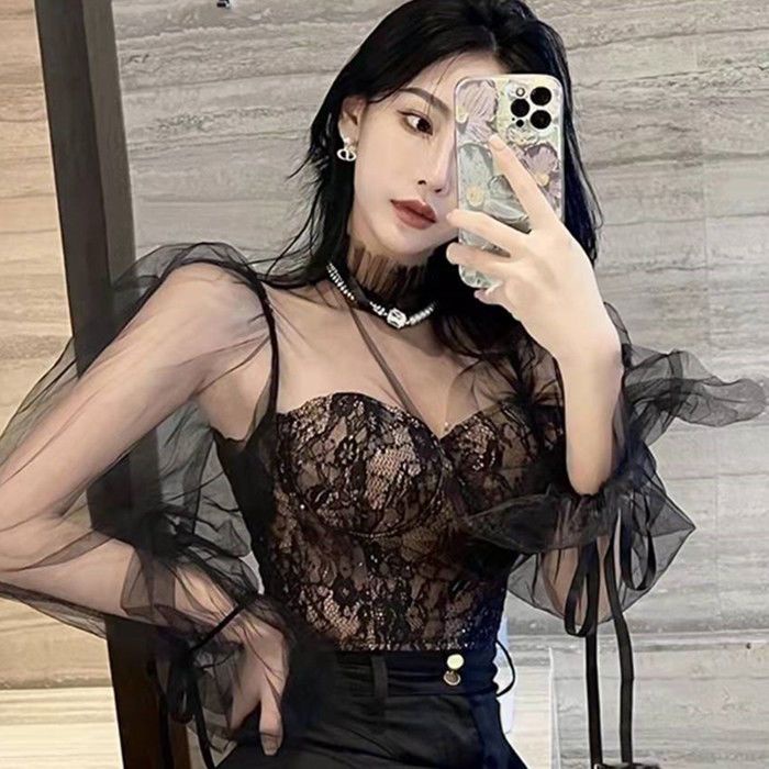 Áo Kiểu Phối Lông Xù Và Dây Cột Gợi Cảm Màu Trơn Siêu Thơ Mộng Mặc Trong Quyến Rũ Cho Nữ