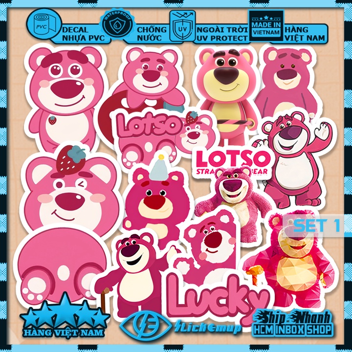 Sticker cute GẤU DÂU Hình dán cute Gấu Losto sticker chống nước, dán mũ bảo hiểm, dán laptop, dán vali, dán xe, decal
