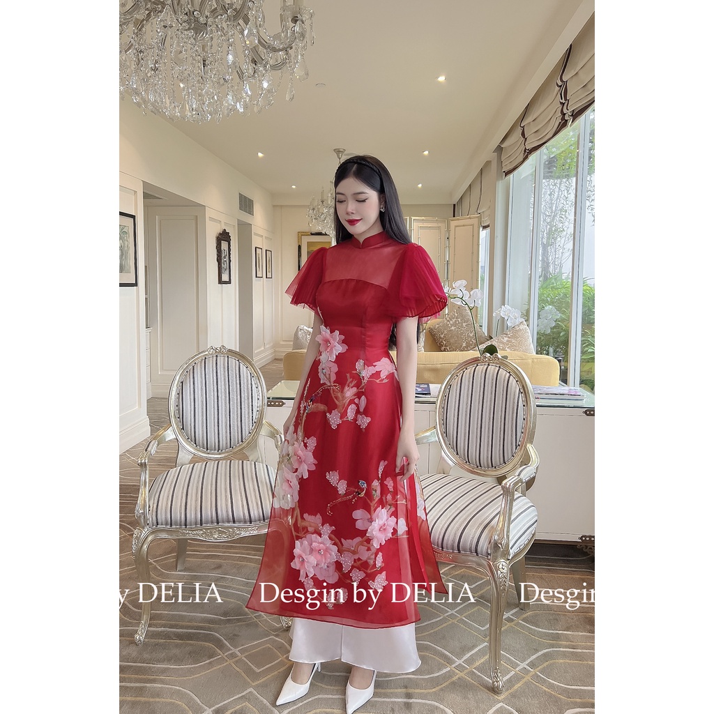 Áo Dài Cách Tân Thiết Kế Cao Cấp Delia Cát Tường Tơ Organza Đính Kết