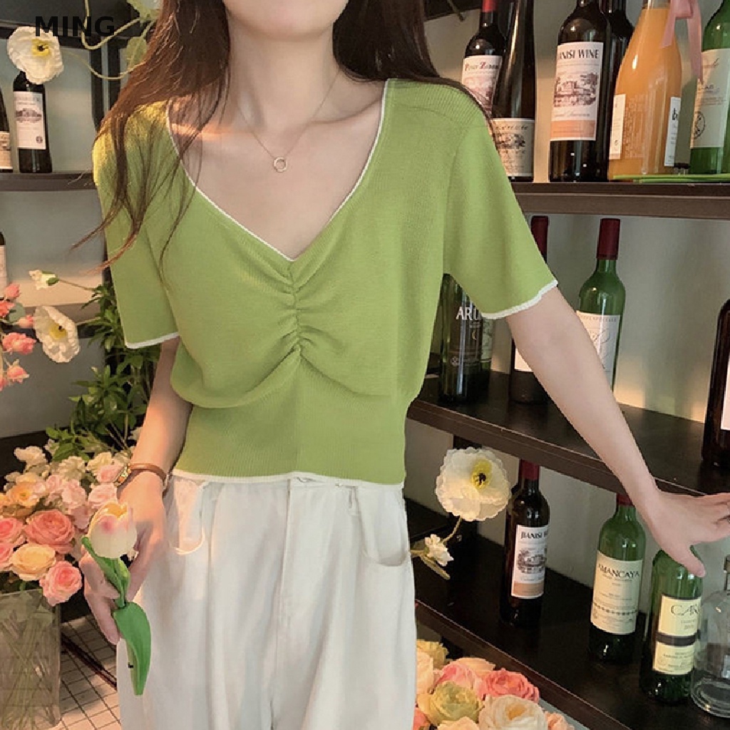Áo Thun Dệt Kim Tay Ngắn Cổ Chữ V Dáng Ôm Màu Trơn Thời Trang Mùa Hè Hàn Quốc Dành Cho Bạn Nữ