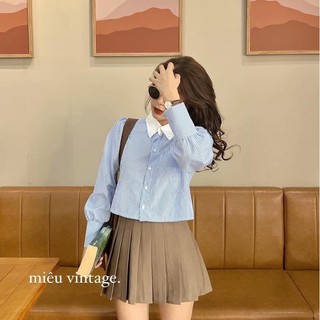 Áo Sơ Mi Kẻ Xanh Pha Cổ Trắng Chất Mềm Mát [Ảnh Thật]