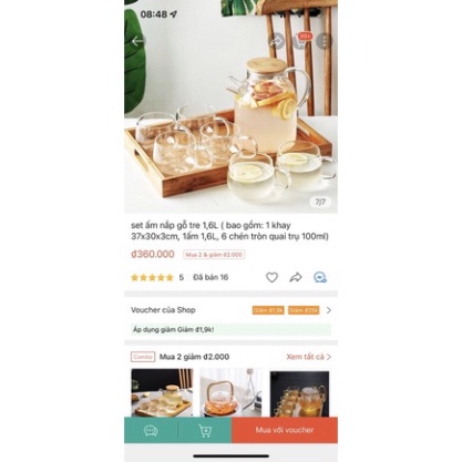 combo bình nắp tre 1,6l và 6 cốc quai 300ml, 1 khay trà , đồ gia dụng thông minh, tiện ích