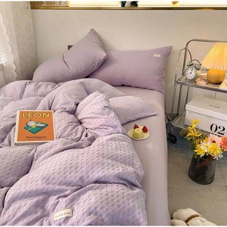 Set chăn ga 4 món cotton đũi Waffle dệt thêu nổi hoạ tiết