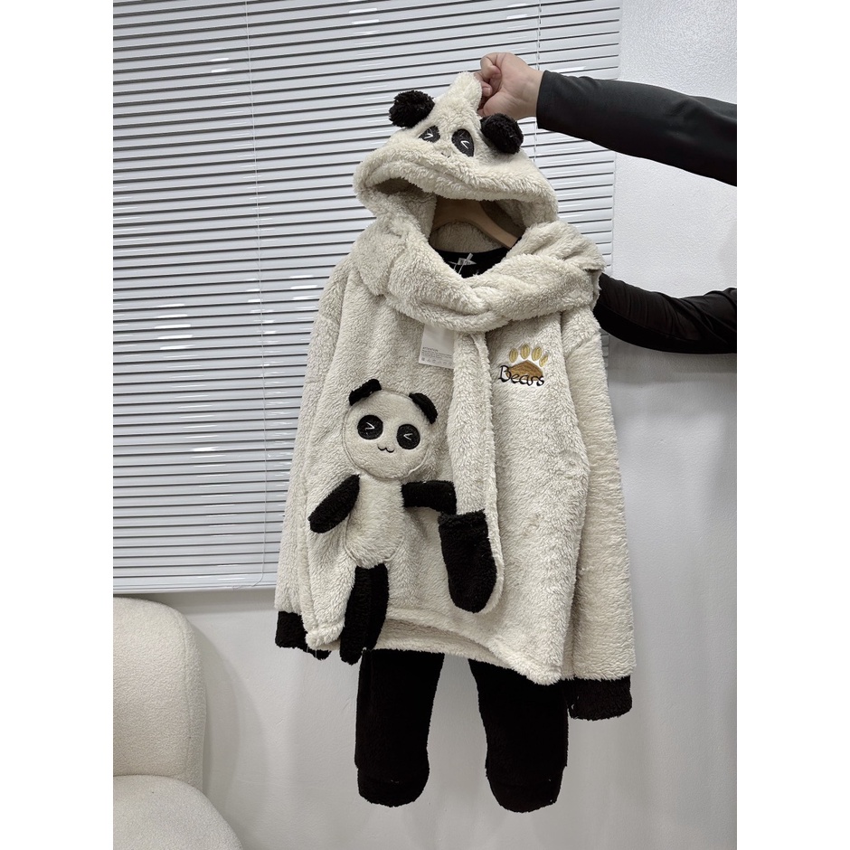 Bộ bông hình gấu đen dài tay, bộ mặc nhà lông siêu dễ thương