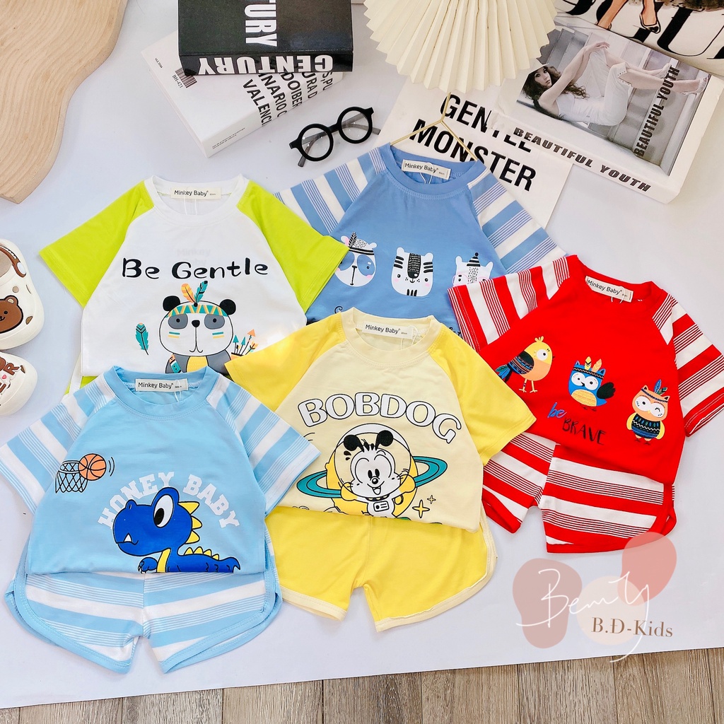 Full Size  Bộ Cộc Tay Phối Sọc In Hình Khủng Long Siêu Xinh Dành Cho Bé.