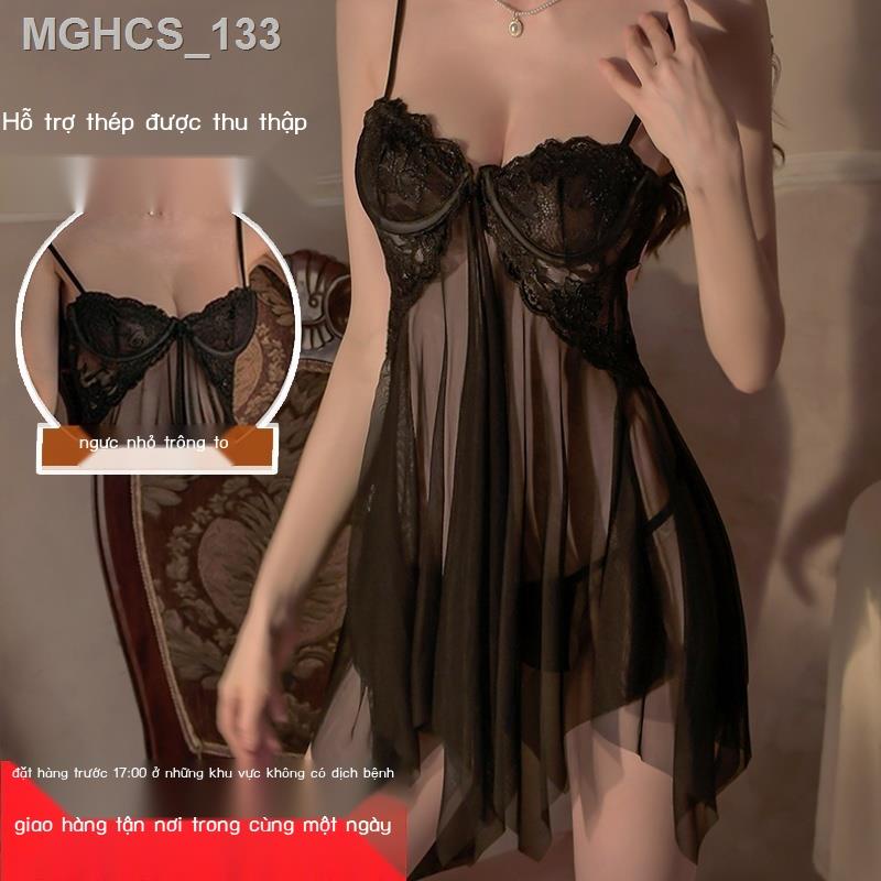 Bộ Đồ Ngủ Gợi Cảm 2023 Mùa Hè Mới Băng Lụa Cảm Giác Thoáng Mát Ren Ngực Nhỏ Tập Hợp Trong Suốt Treo Váy Ngủ Quầ