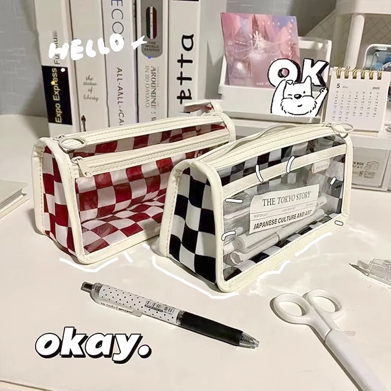 Túi Đựng Bút Chì Kẻ Ô Màu Trắng Đen Trong Suốt Sức Chứa Lớn RYVN