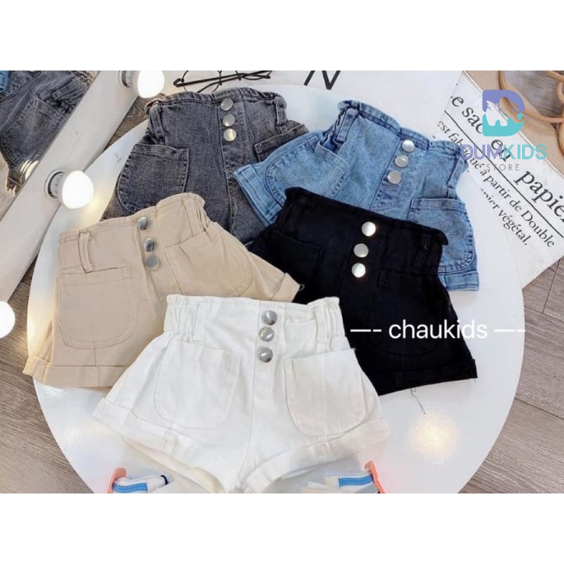 Quần short đùi bé gái , quần đùi Jeans và Kaki 3 cúc cạp cao chun lưng sành điệu cho bé 18-30kg