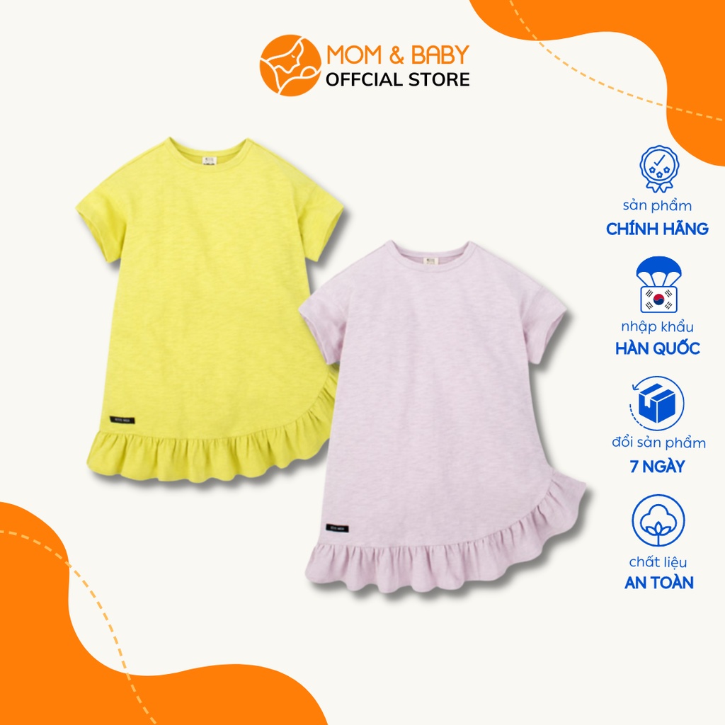 Đầm thun xòe tay ngắn bé gái thương hiệu Hàn Quốc Petite Mieux kiểu trơn màu hồng vàng DMEBC54 MOM & BABY
