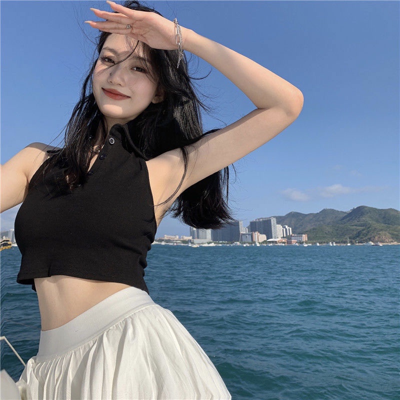 Áo Hai Dây Cổ Polo Màu Trơn Thời Trang Mùa Hè Cho Nữ