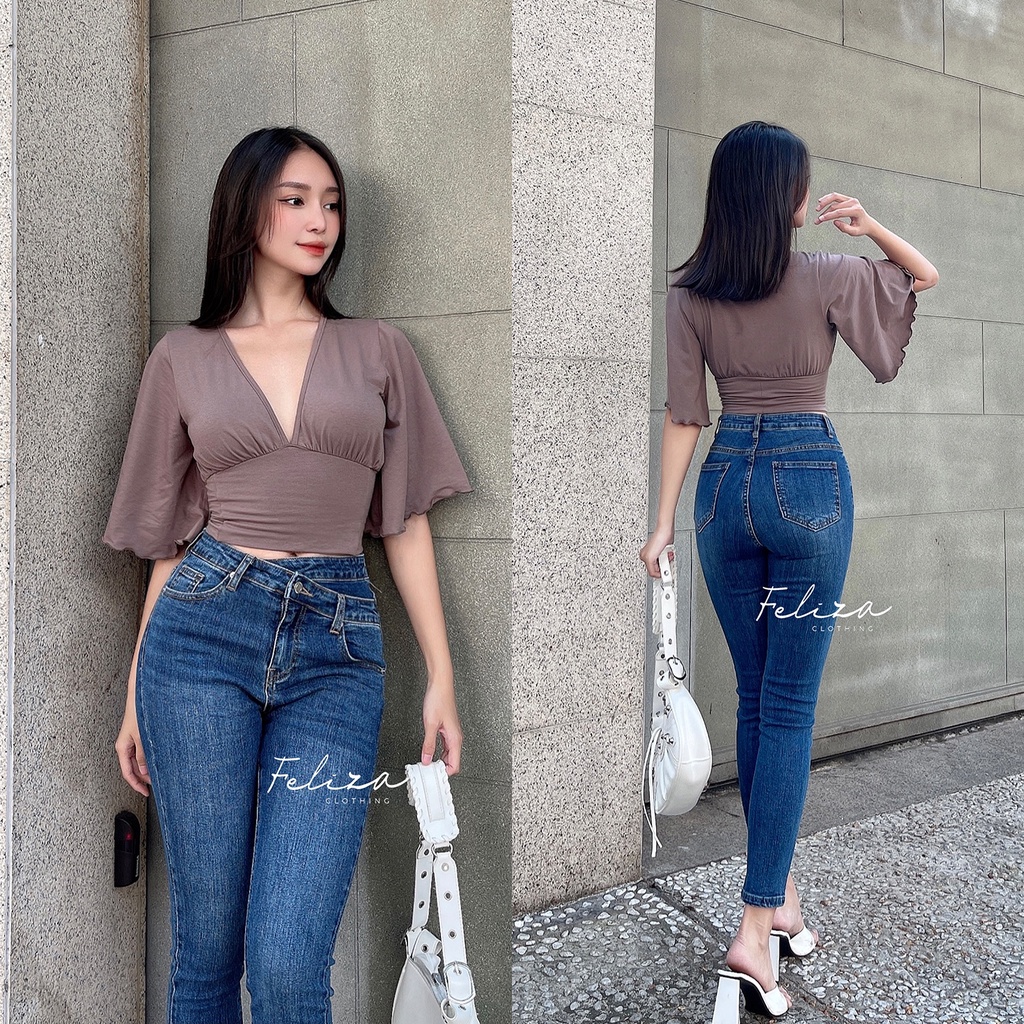 Áo thun Croptop nữ dáng ôm cổ V cánh tiên cá tính chất thun cotton – Feliza Clothing