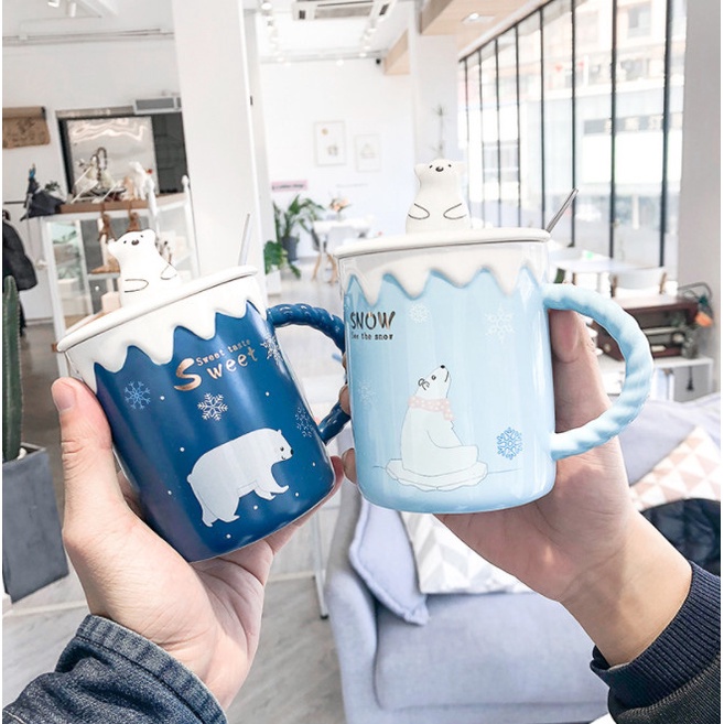 Ly Sứ Cute Chất Lượng Cao Đáng Yêu 450ml Hình Gấu Trắng Có Nắp Và Muỗng automatik