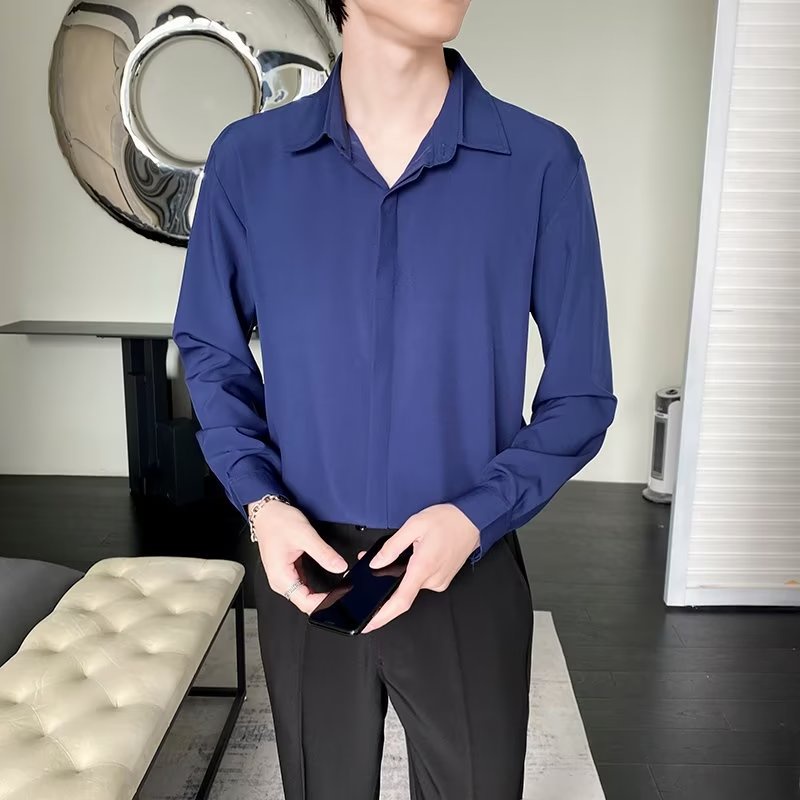 Áo Sơ Mi Vải Lụa Lạnh Mỏng Cao Cấp Dáng Rộng Tay Dài Màu Trơn Thời Trang Mùa Thu 2022 Phong Cách Hàn Quốc Cho Nam