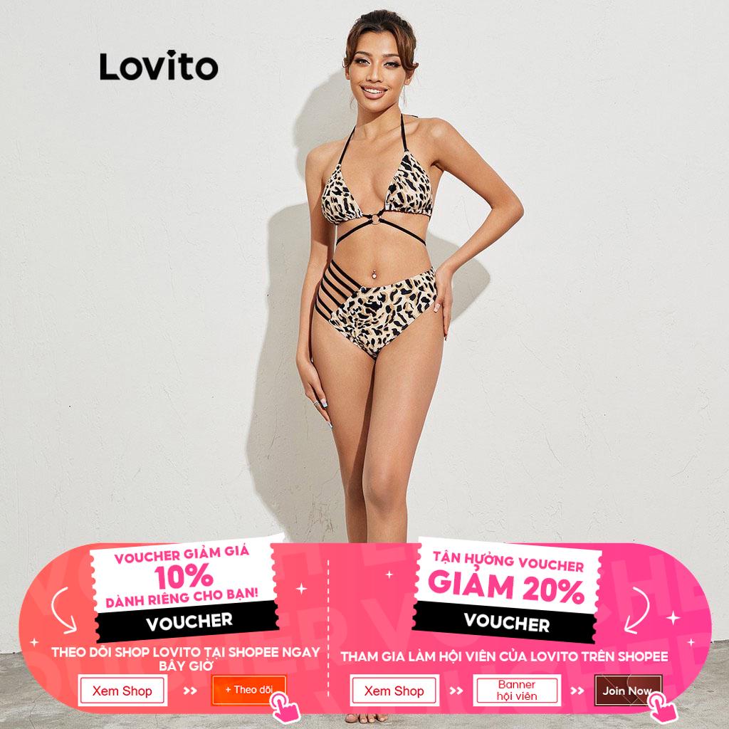 Set bikini Lovito kiểu không đối xứng phối khoen kim loại cột dây họa tiết da báo sexy L16X216 (nhiều màu)
