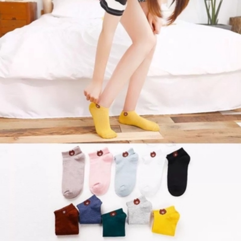 Vớ Cotton Cổ Thấp Thoáng Khí Màu Trơn Họa Tiết Gấu Dễ Thương Phong Cách Hàn Quốc Thời Trang