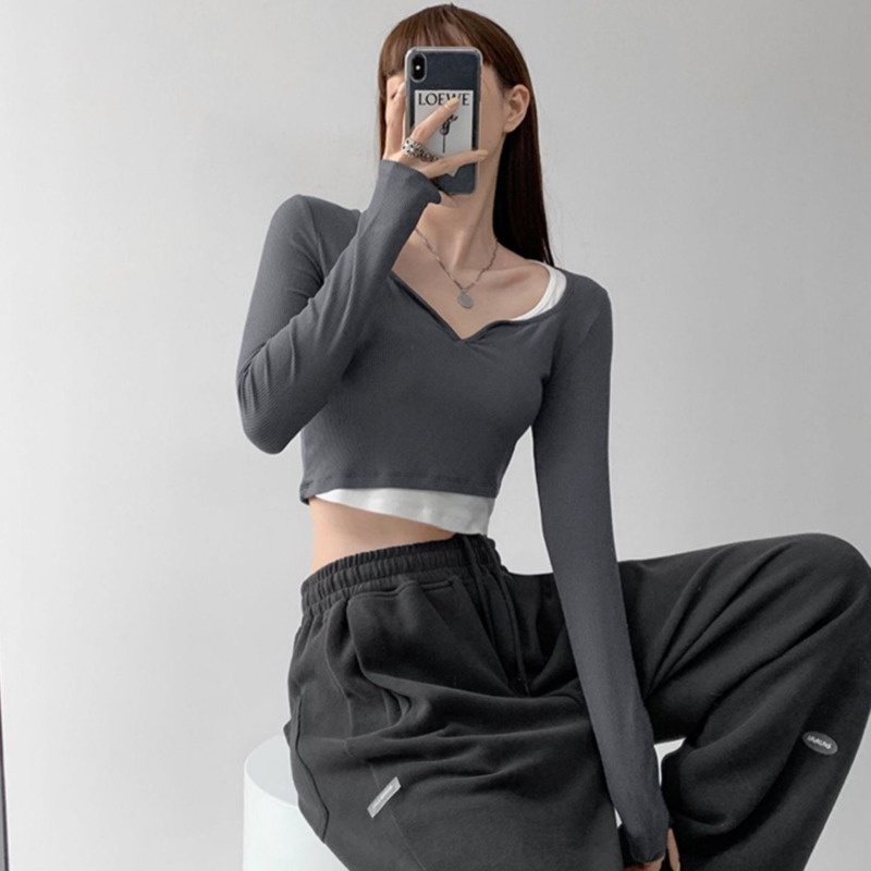 Áo Thun Tay Dài Giả Hai Lớp Màu Sắc Tương Phản Phong Cách Hàn Quốc