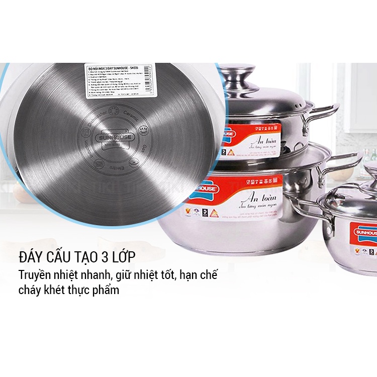 Bộ Nồi Inox 3 Đáy Sunhouse SH335 - Dùng trên mọi loại bếp - Hàng chính hãng