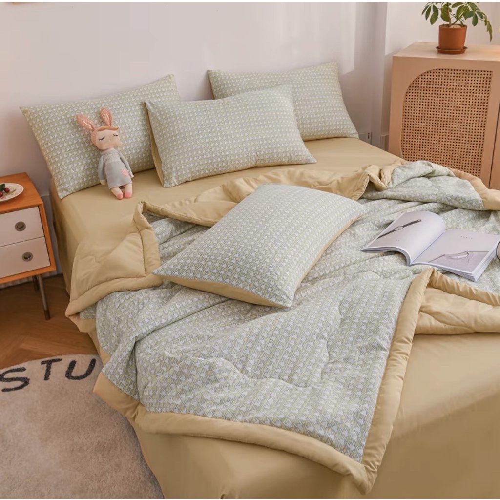 Bộ Chăn Ga Gối Cotton Đũi Mịn - Cotton Đũi Chăn Chần Phối Kẻ Siêu Xinh Hàng Nhập Khẩu Full Set 4 Món
