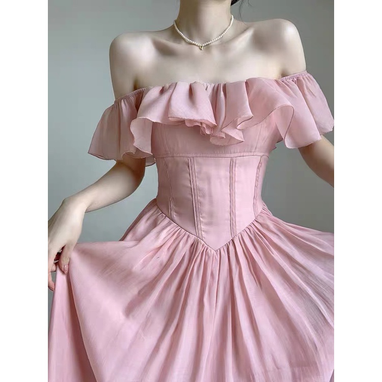 Váy Hồng Nhún Trễ Vai, Bồng Xòe Siết Eo Kiểu Corset Tôn Dáng, Điệu Đà - DoDo Dress