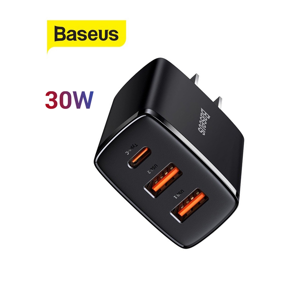 Củ sạc Baseus Compact Quick Charger sạc nhanh 30W chân dẹt 2 cổng USB/1 Type-C ( Đen )