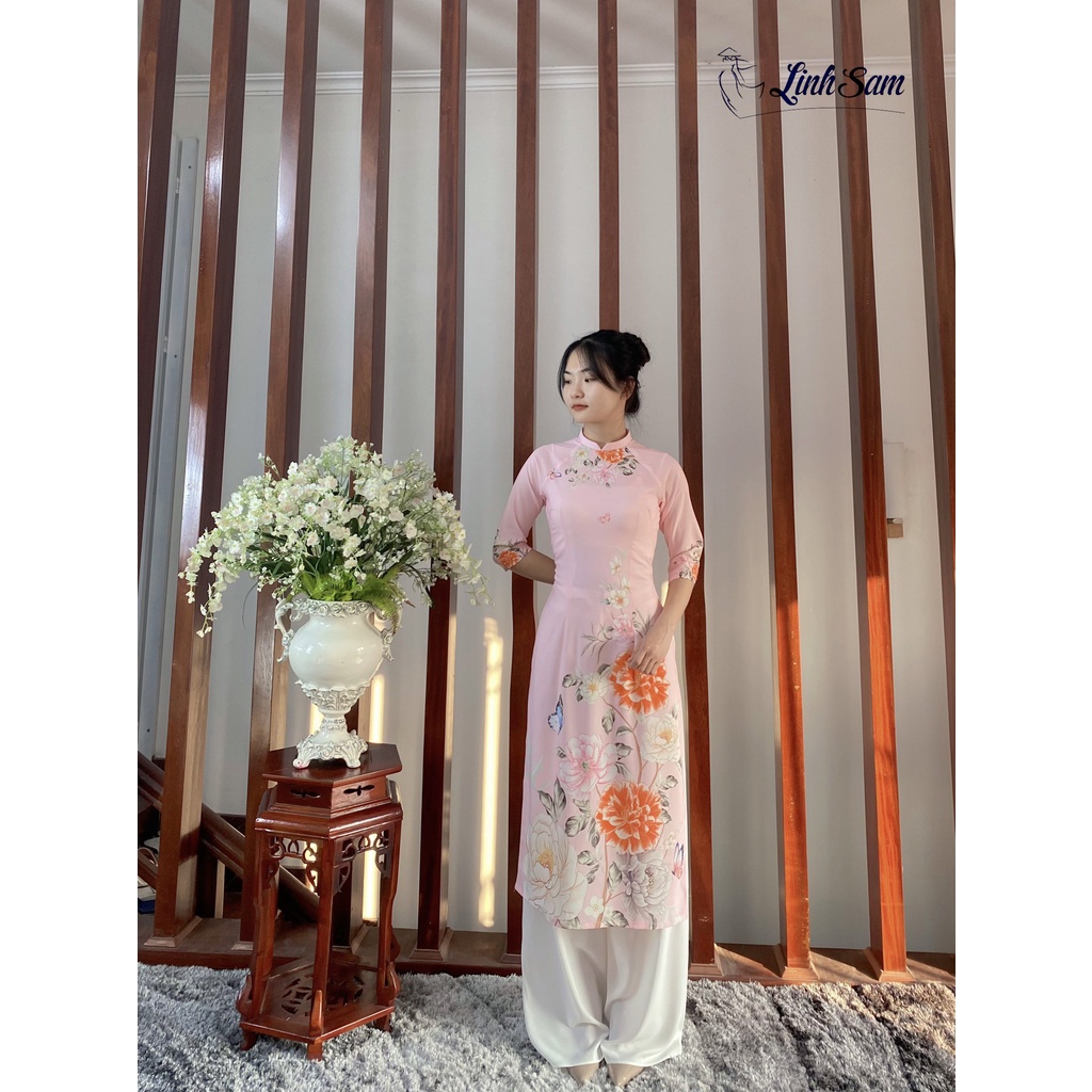 ÁO DÀI (Cao Cấp) LINH SAM CÁCH TÂN MẦU HỒNG PHẤN IN HOA 3D DUYÊN DÁNG THANH LỊCH