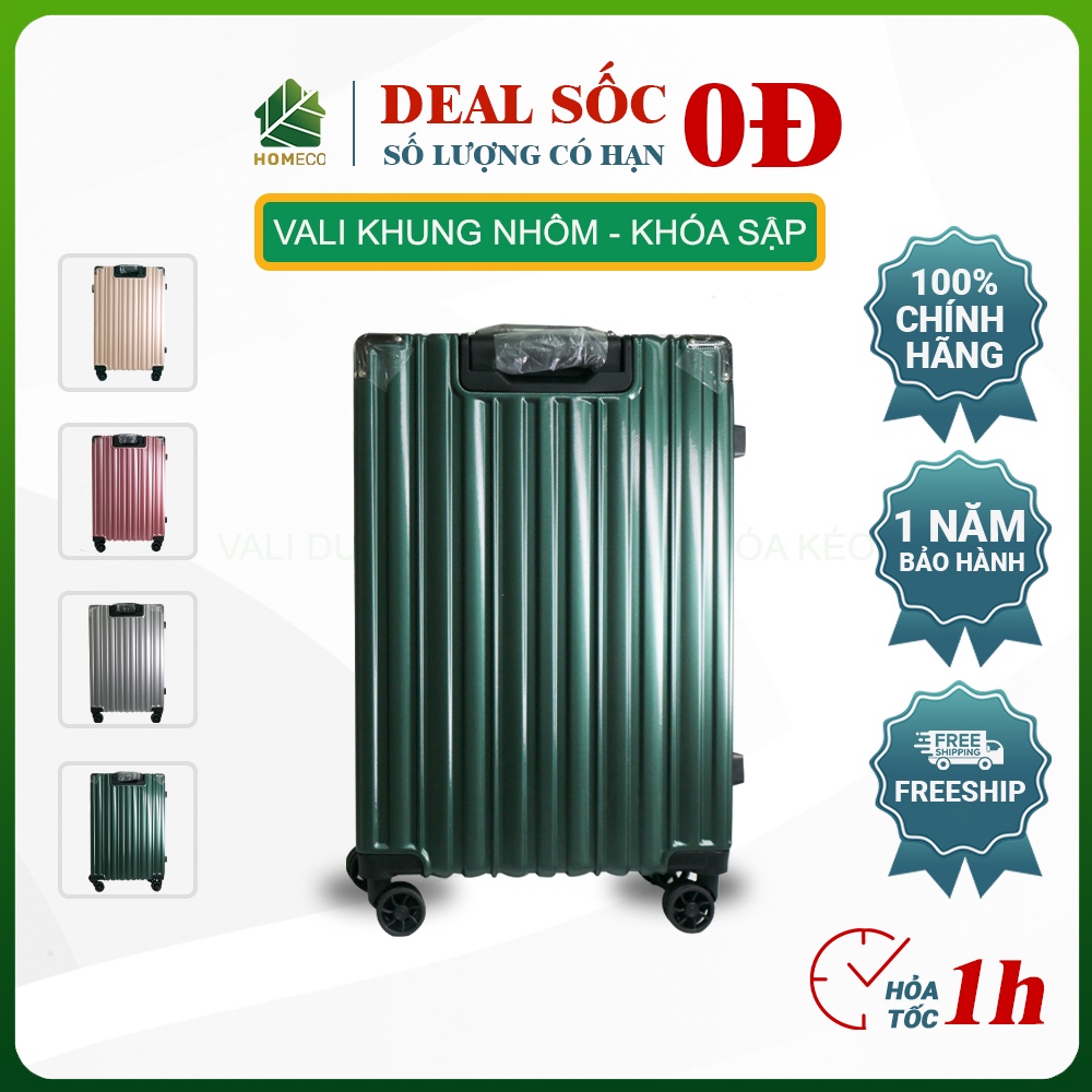 Vali kéo du lịch khung nhôm khóa sập vân sọc dọc,size 20 - size 24