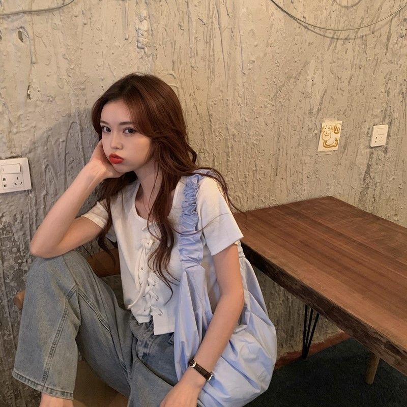 Áo thun COZOKC tay ngắn cổ vuông phối dây phong cách cho nữ