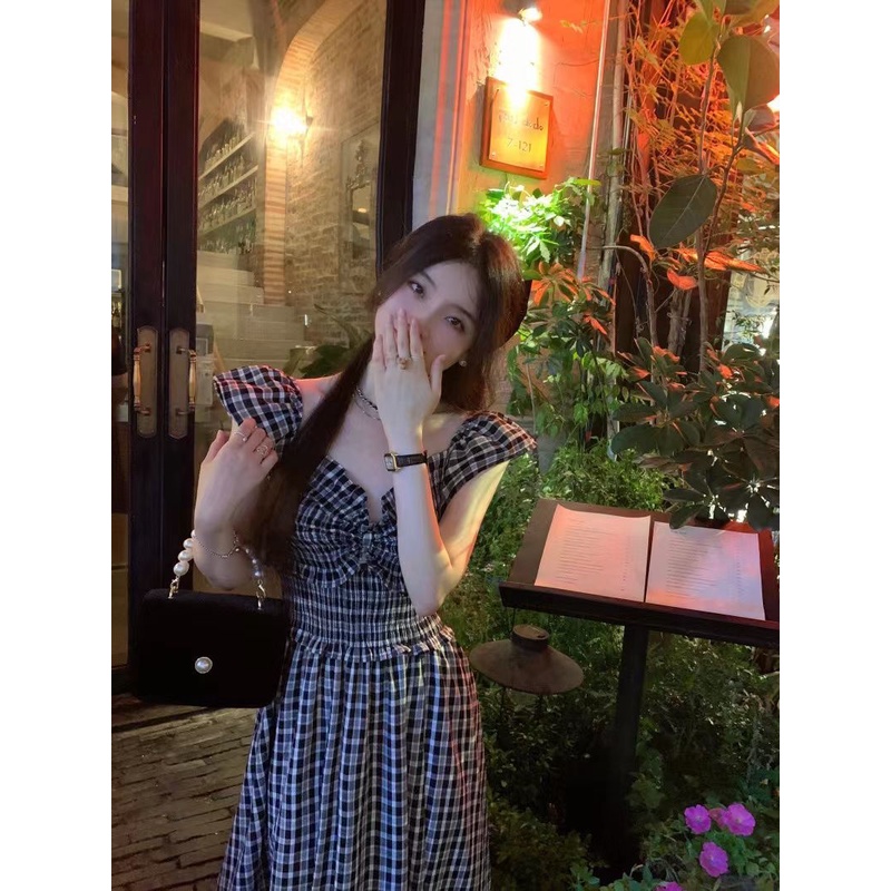 COZOK Đầm Ngắn Tay Cổ Chữ V Phối Bèo Họa Tiết Caro Nữ Tính