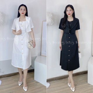 Set áo vest croptop tay đùi mix đầm sát nách nút dọc dáng dài LEOSWEARING A106