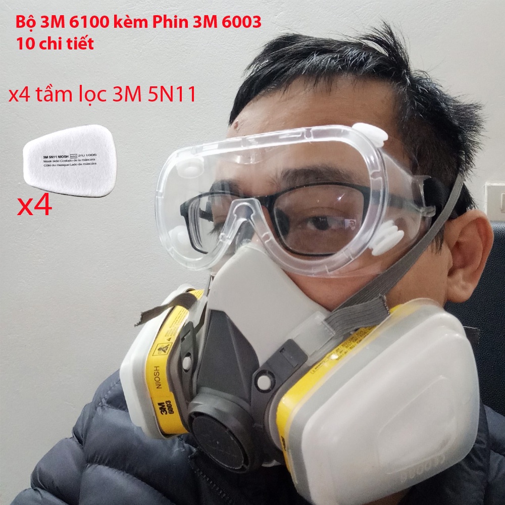 Bộ Mặt nạ khẩu trang phòng độc 3M 6100 kèm phin 3M 6003 lọc độc hơi hữu cơ và vô cơ Phun sơn phun thuốc trừ sâu ngăn bụi