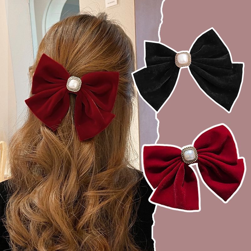 Kẹp Tóc Đính Nơ Bằng Nhung Phong Cách Retro Thanh Lịch Thời Trang Mùa Xuân Dành Cho Nữ