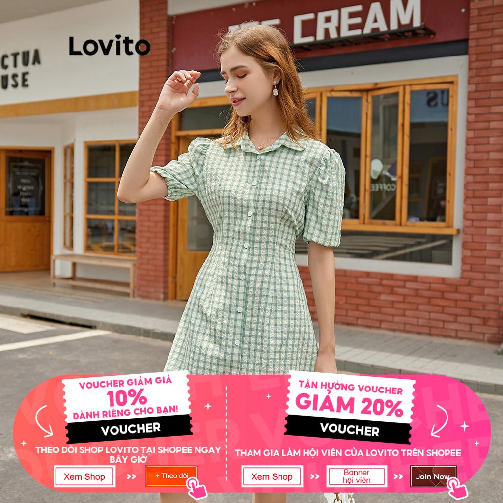 113XJ Lovito BACK TO SCHOOL Váy nữ ren lên cổ áo sơ mi kẻ sọc giản dị L32EE035