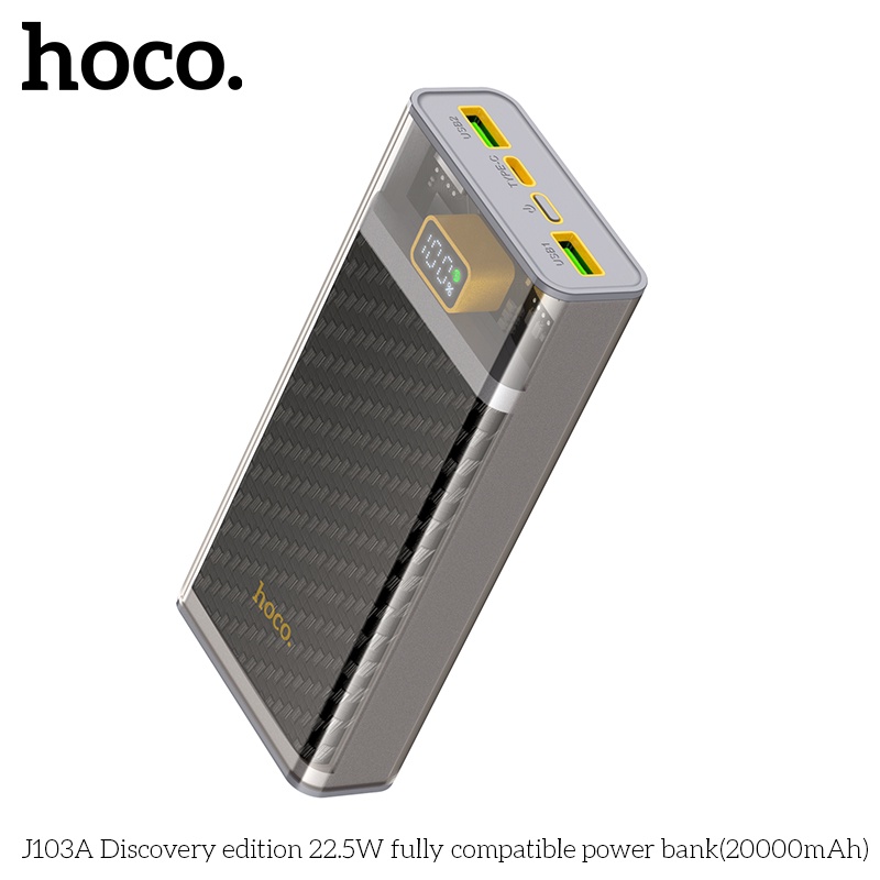 Pin dự phòng Hoco J103A 20000mAh QC3.0 22.5W, PD TypeC 20W, Màn hình LCD (Xám) - Hãng phân phối
