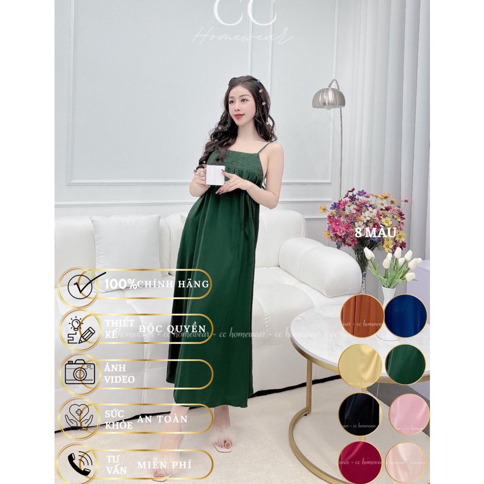 Đầm ngủ lụa 2 dây họa tiết trơn cao cấp thương hiệu CC HOMEWEAR