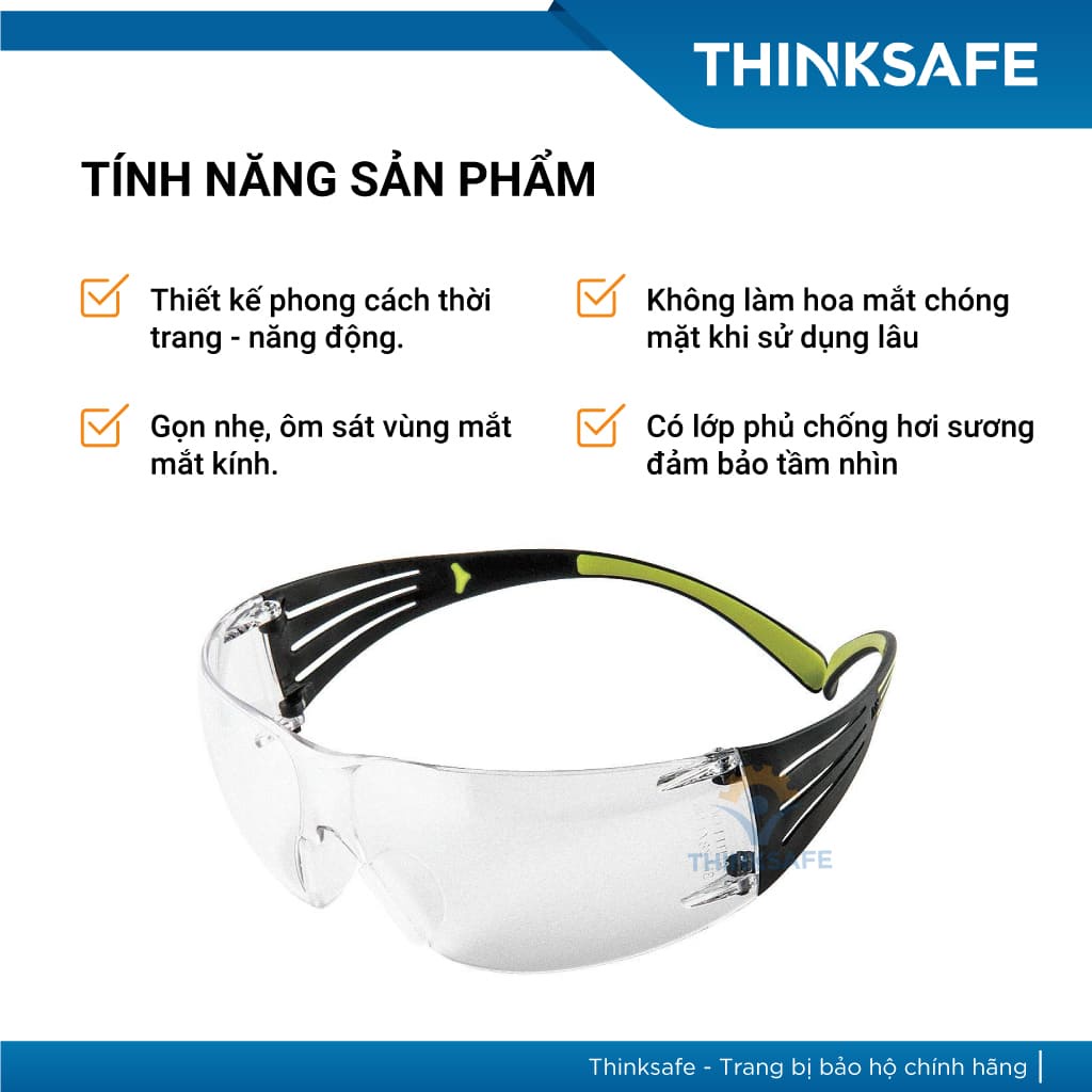 Kính chống bụi 3M SF401AF trong suốt, chống bụi, chống tia UV, kiểu dáng ôm khuôn mặt Kính 3M chính hãng - THINKSAFE