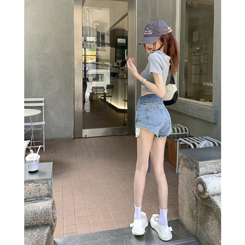 QKOOLE  Quần Short Jean Nữ Lưng Cao Ống Rộng Phong Cách vintage Hàn Quốc