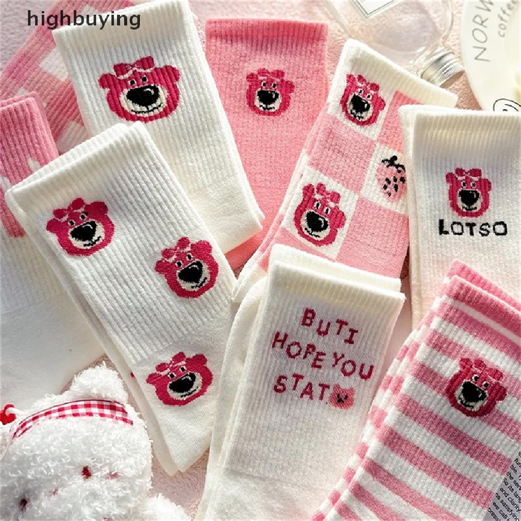 Hbvn Belle Vớ Ống Lửng Họa Tiết Gấu Hồng Dâu Tây Hoạt Hình Phiên Bản Hàn Quốc Dễ Thương Hợp