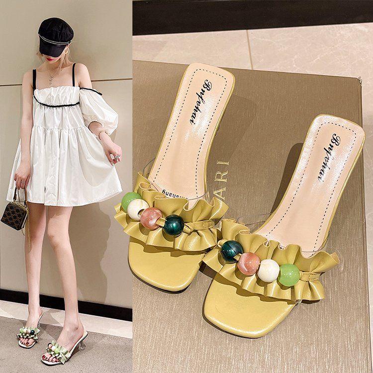 Xăng đan Cao Gót Pha Lê Trong Suốt Phối Ren Hoa Sen Thời Trang Mùa Hè Cho Nữ