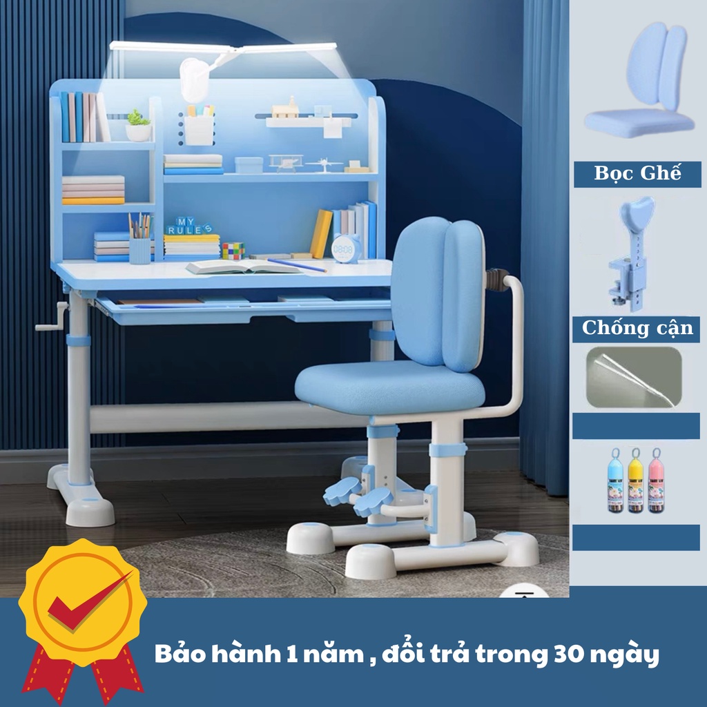 bàn ghế học sinh A16+ có giá sách, bộ bàn học chống gù thông minh kèm kệ sách cho trẻ em điều chỉnh nâng hạ độ cao