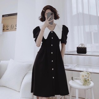 Đầm váy công sở đen cổ trắng nút trước (kèm hình thật)