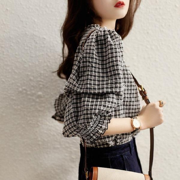 Áo Sơ Mi Ngắn Tay Form Rộng Họa Tiết Ca Rô Thời Trang Dành Cho Nữ