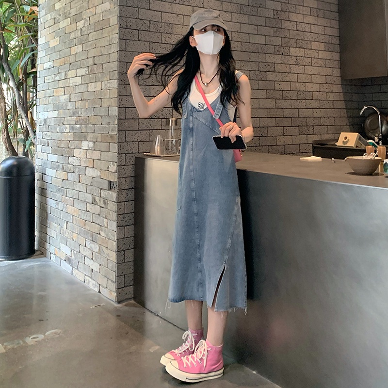 K. Style yếm bò dáng suông dài váy denim dáng dài