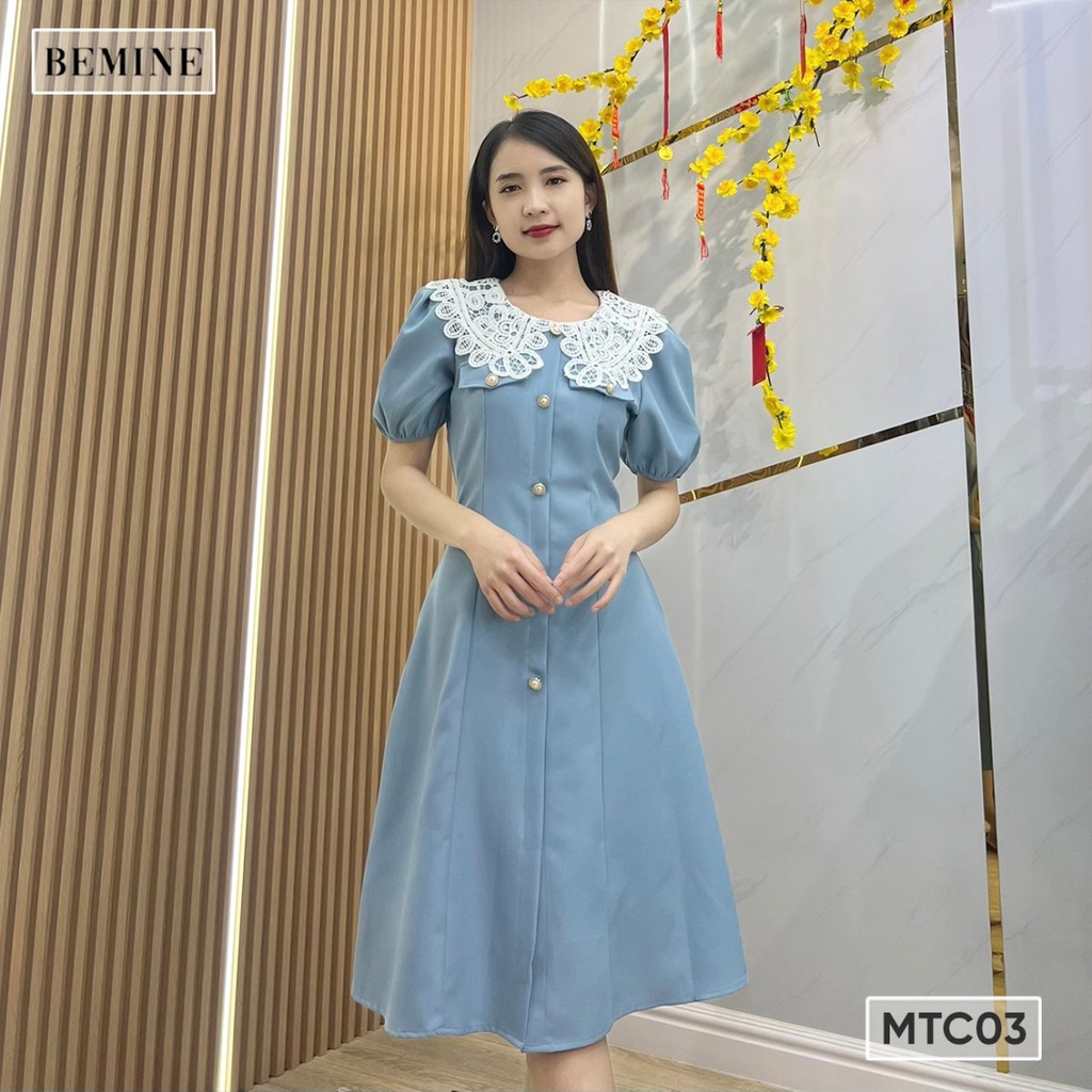 Đầm cổ phối ren tay phồng đính nút MTC03