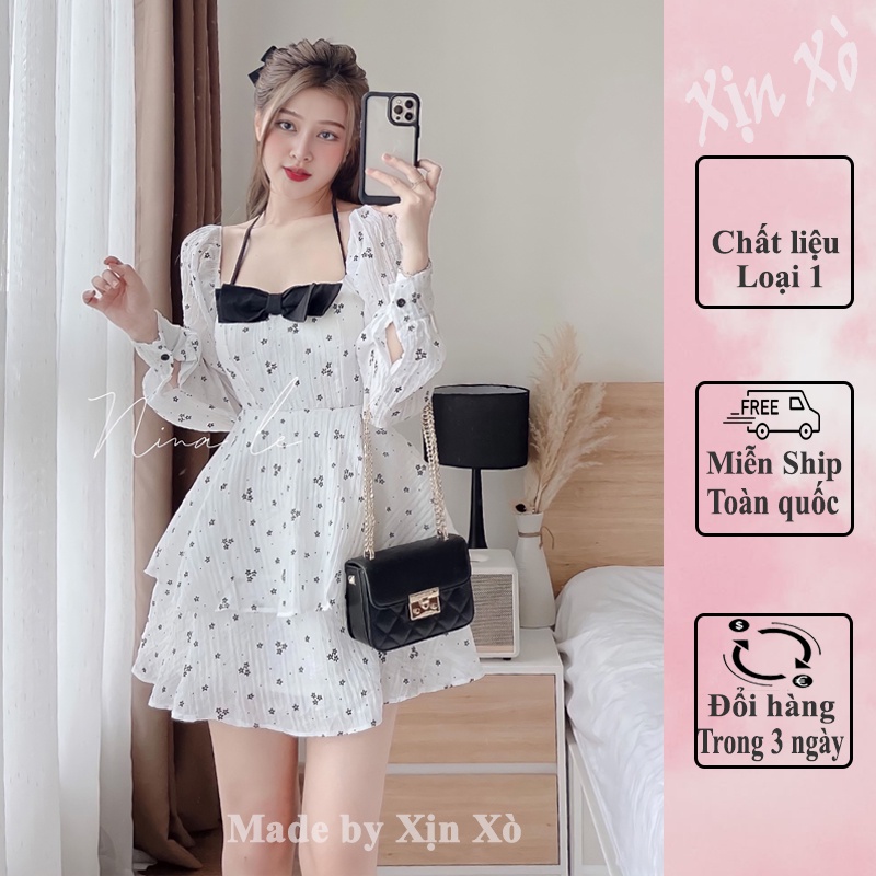 Váy Hoa Nhí Màu Trắng Be ❤️XINXO❤️ Đầm Dáng Xòe 2 Lớp Dài Tay Cổ Vuông Phối Nơ