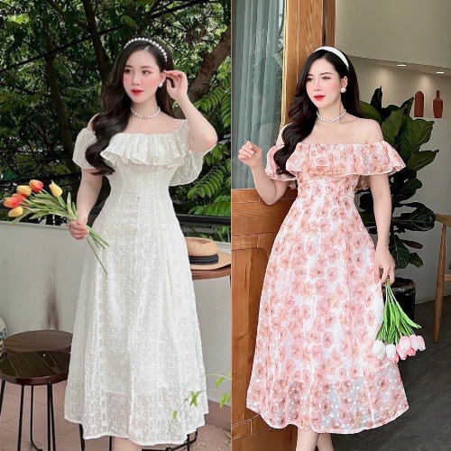 Đầm trễ vai dáng dài, váy trễ vai đi biển, đi tiệc Chất liệu voan tơ hạt
