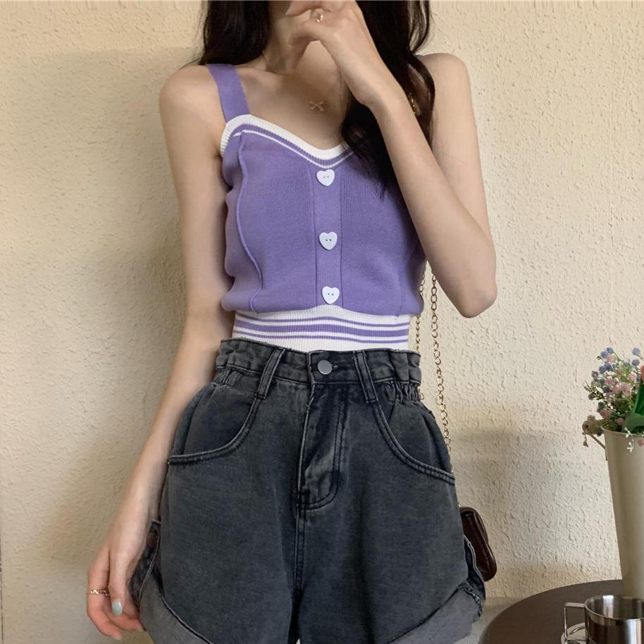COZOK Áo Tank Top Dệt Kim Sát Nách Dáng Ôm Phối Nút Hình Trái Tim