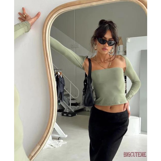 Set 2 Áo Thun Nữ Kiểu Dáng Thời Trang Quyến Rũ Set Áo Ống Màu Trơn Trễ Vai + Áo Khoác Cardigan Tay Dài Dáng Ngắn Thời Trang Mùa Hè Cho Nữ