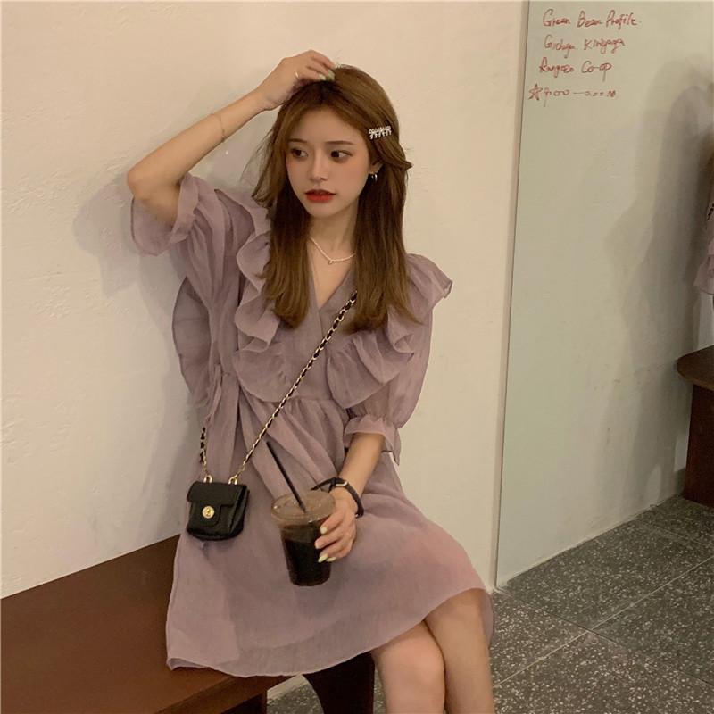 Đầm Cổ Chữ V Phối Dây Rút Thời Trang Hàn Quốc Cho Nữ