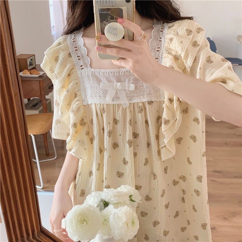 Set cộc đùi cổ vuông phối viền ren đính nơ hoạ tiết dễ thương