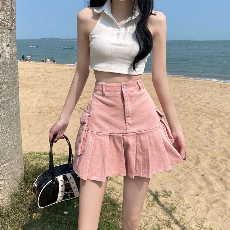 Chân Váy Denim Dáng Chữ A Xếp Ly Thời Trang Mùa Hè 2023 Mới Cho Nữ